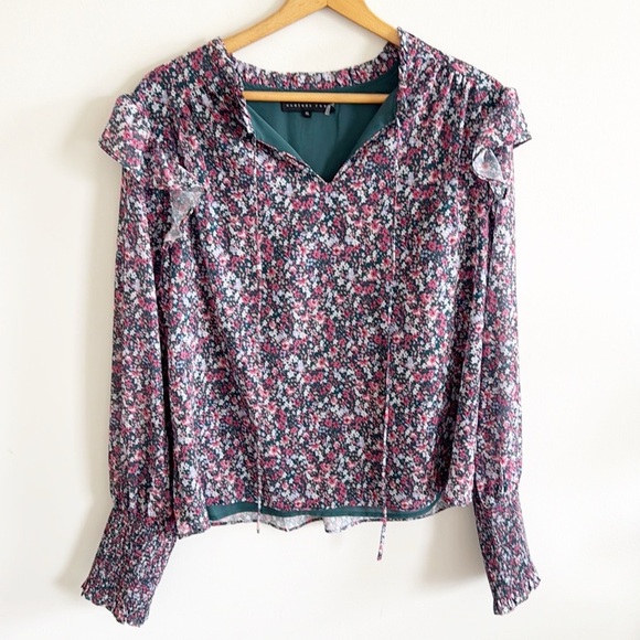 Endless Rose boutique floral print long sleeve v-neck ruffle blouse top size XL - Picture 1 of 6